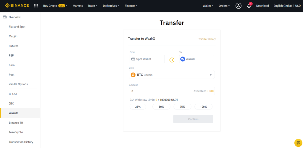 transfer crypto from wazirx to wallet